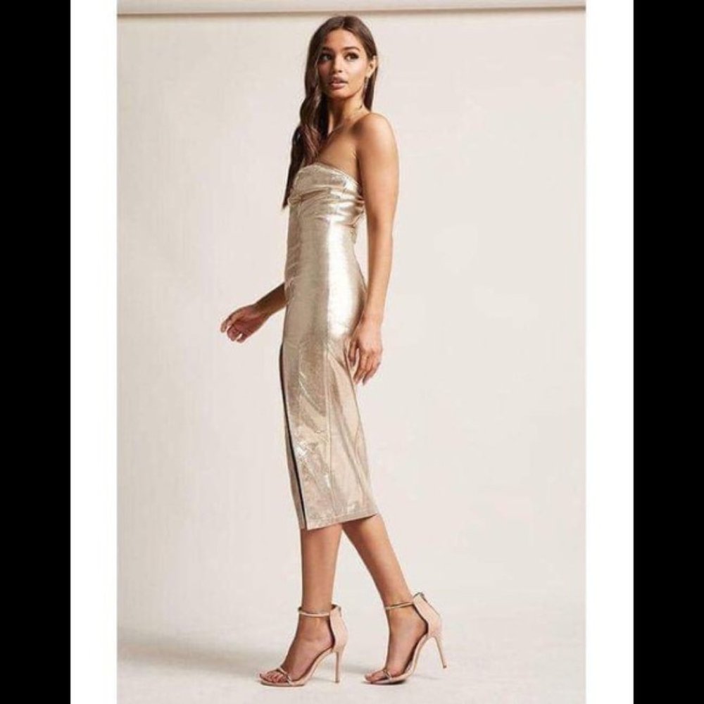 💕3/$30💕 NWT Forever 21 Gold Front-Slit Strapless Midi Dress Size Small